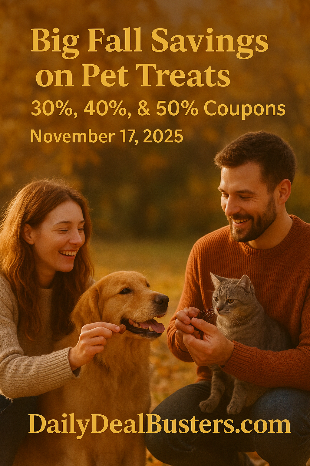 Fall-themed lifestyle scene of people enjoying time with their pets while offering healthy treats.