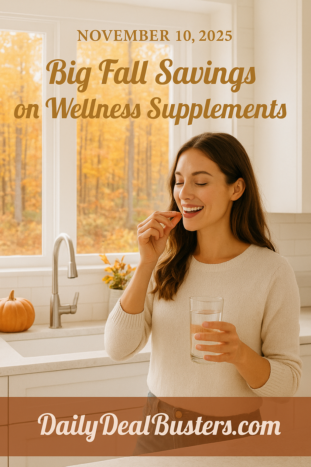 Fall-themed lifestyle scene of people using wellness supplements in a cozy autumn setting.