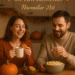 Lifestyle fall kitchen scene featuring people enjoying snacks and beverages with warm autumn décor.