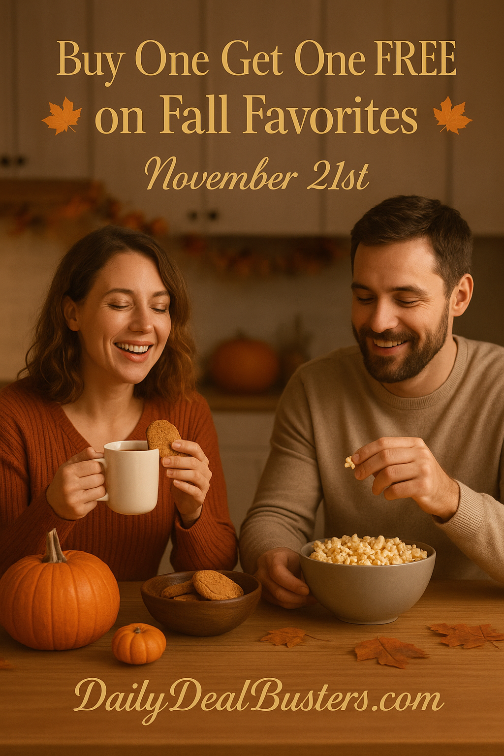 Lifestyle fall kitchen scene featuring people enjoying snacks and beverages with warm autumn décor.