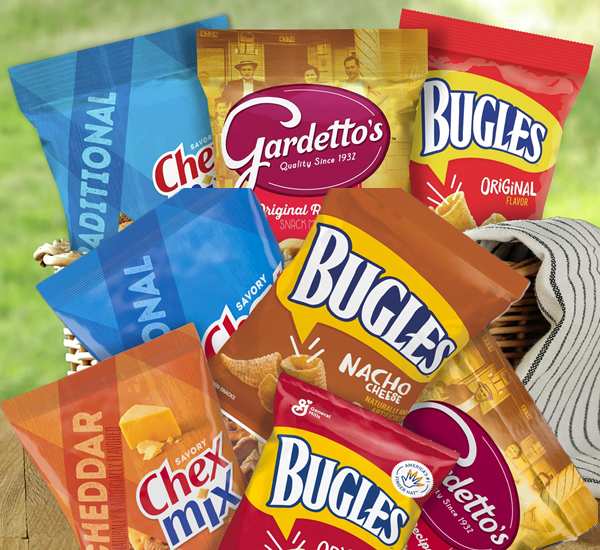 A clean product lineup image highlighting popular General Mills snack brands, including savory and sweet mix options for family-friendly snacking.