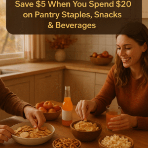 Lifestyle fall kitchen scene with people enjoying assorted pantry snacks and beverages.