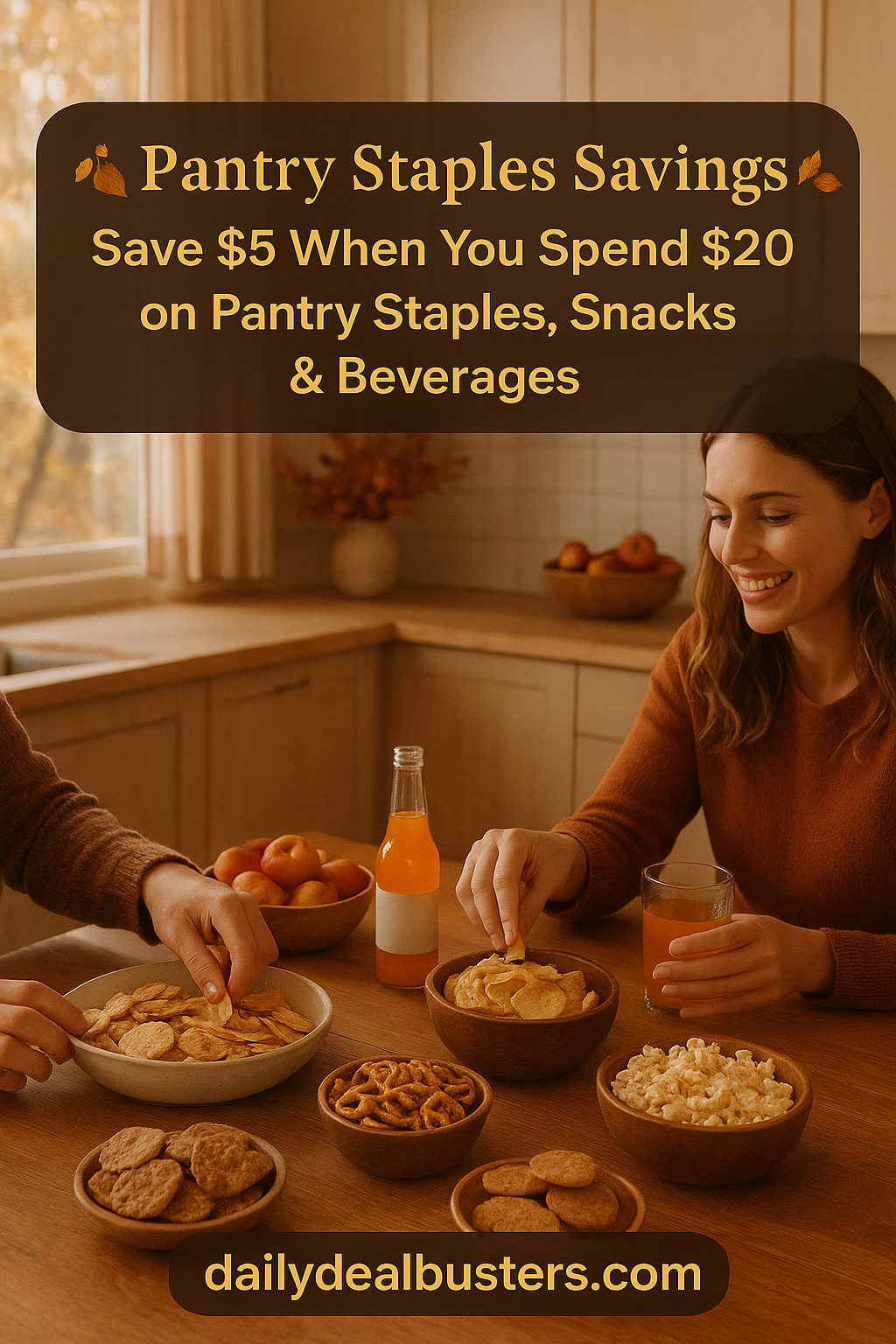 Lifestyle fall kitchen scene with people enjoying assorted pantry snacks and beverages.