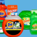 Laundry detergent, scent boosters, fabric enhancers, dryer sheets, and household laundry products featured in a promotional savings graphic.