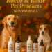 Rocco & Roxie pet care products including shampoo, conditioner, jerky treats, training sprays, and stain removers displayed together with cozy fall-themed background.