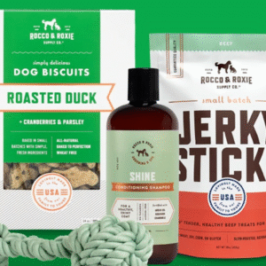 Rocco & Roxie pet care products including dog shampoo, training sprays, treats, and odor eliminators displayed together