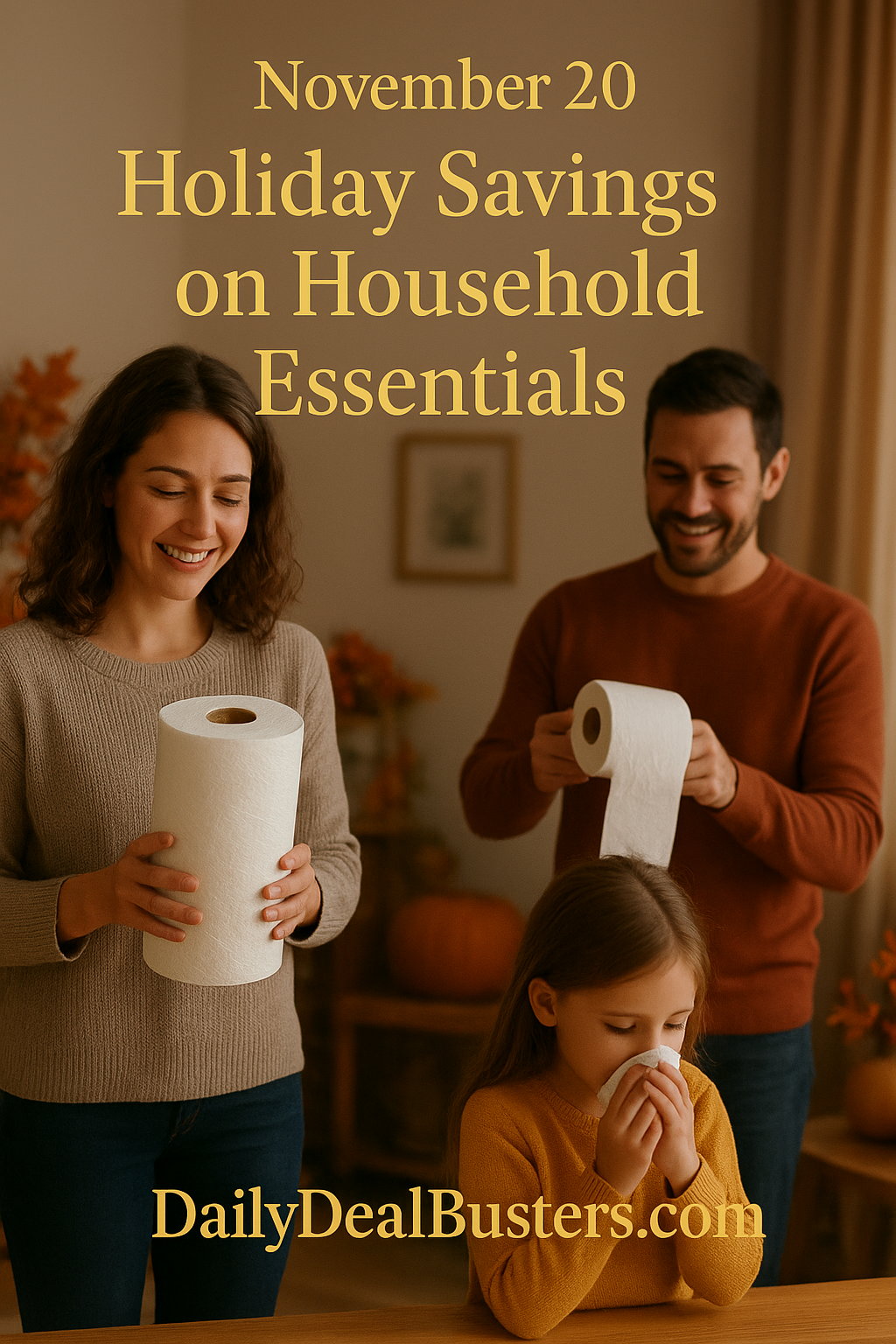 Lifestyle fall-themed scene showing people preparing for the holidays using everyday household paper products, without brand names or packaging.