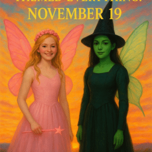 Lifestyle fall scene showing people enjoying whimsical Wicked-themed items without visible packaging or branding.