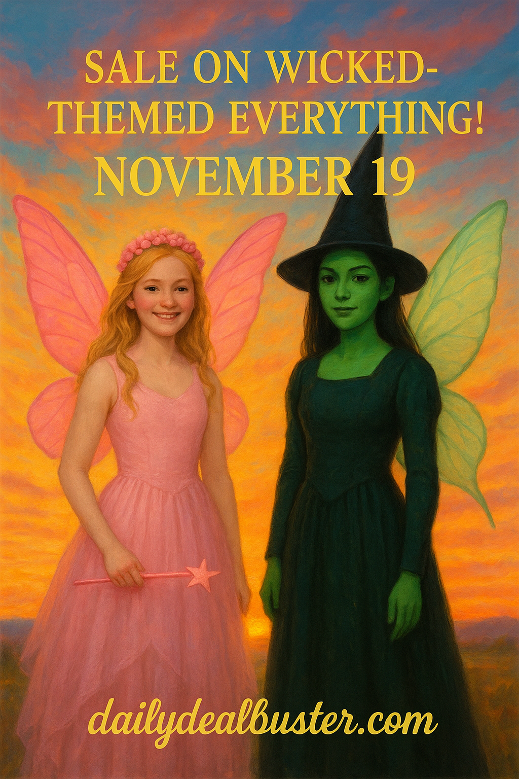 Lifestyle fall scene showing people enjoying whimsical Wicked-themed items without visible packaging or branding.