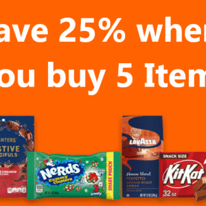 Seasonal pantry essentials and snacks arranged for a holiday savings event.