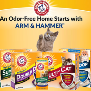 Arm & Hammer cat litter promotion featuring multiple litter varieties and sizes for odor control and multi-cat homes