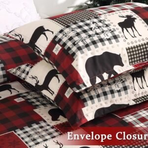 Holiday-themed wildlife duvet set displayed on a bed with reindeer and plaid accents, styled in a cozy winter bedroom.