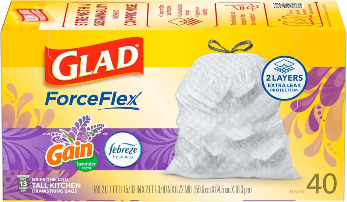 Glad ForceFlex Tall Kitchen Trash Bags in Gain Lavender, 40-count box
