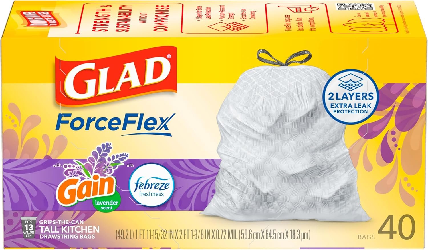Glad ForceFlex Tall Kitchen Trash Bags in Gain Lavender, 40-count box