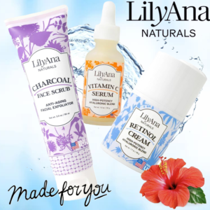 LilyAna Naturals skincare products featuring face creams, serums, retinol products, and eye creams