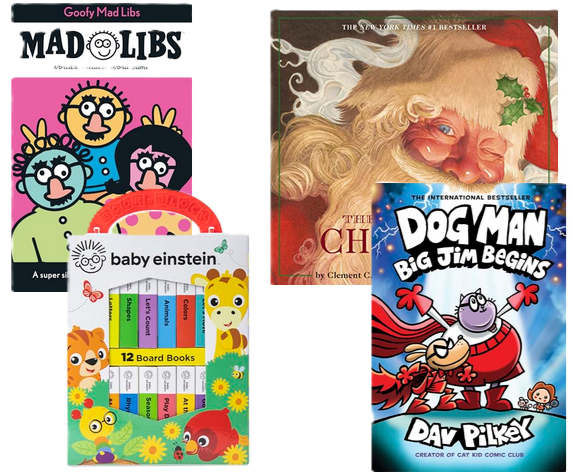 Lifestyle image showing a cozy stack of children’s books arranged for reading time, highlighting a holiday-themed children’s book savings event.