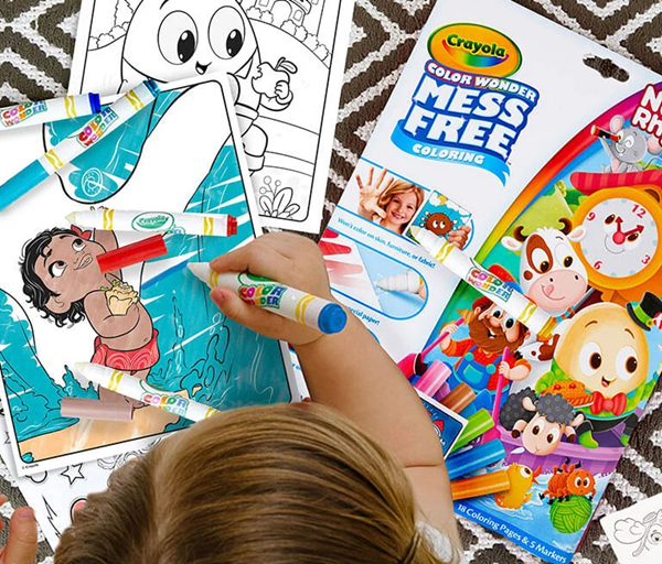 Mess-free coloring sets displayed in bright packaging featuring popular kids’ characters from Color Wonder.