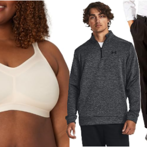 Womenβs and menβs apparel stacked β hoodies, tees, pants β representing a seasonal apparel sale.