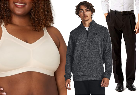 Women’s and men’s apparel stacked — hoodies, tees, pants — representing a seasonal apparel sale.