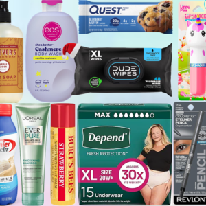 Mixed selection of beauty, self care, snack, and wellness products featured in a holiday cart bonus promotion