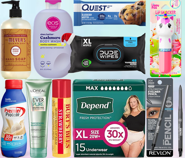Mixed selection of beauty, self care, snack, and wellness products featured in a holiday cart bonus promotion