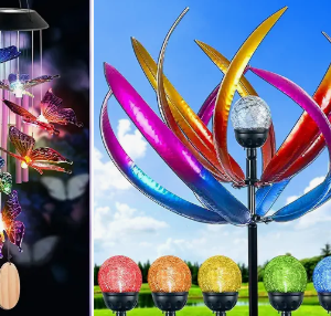 solar wind spinner and glowing wind chime hanging outdoors at dusk