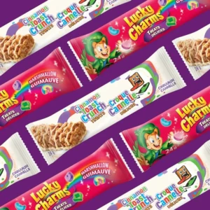 General Mills snack assortment featuring cereal treat bars in a winter-themed savings post