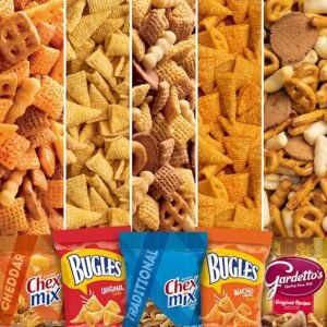 General Mills snack assortment featuring Chex Mix, Gardetto’s, and Bugles displayed together on a winter-themed background