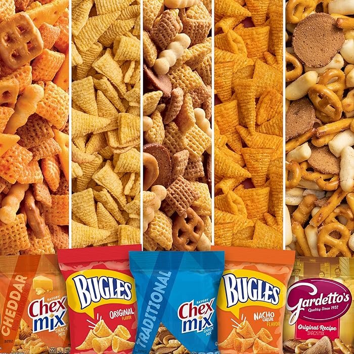 General Mills snack assortment featuring Chex Mix, Gardetto’s, and Bugles displayed together on a winter-themed background