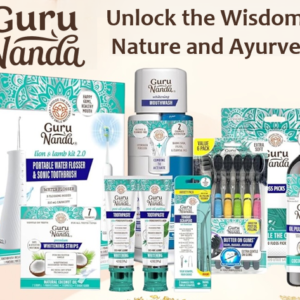 GuruNanda oral care products including toothpaste, mouthwash, whitening strips, and travel toothbrushes featured in a savings promotion.