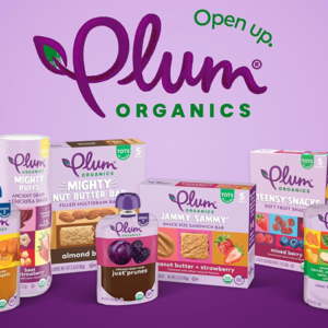 Plum Organics baby food pouches, toddler snacks, bars, and puffs featured in a savings promotion for families.