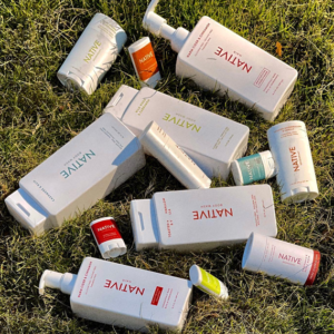 Promotional graphic featuring Native personal care products including deodorant, body wash, body spray, and body care essentials.