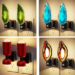 Plug-in agate crystal style night lights illuminated against a wall.