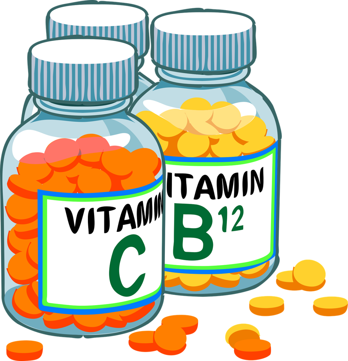 Illustration of assorted vitamins and supplement capsules displayed in a simple layout.