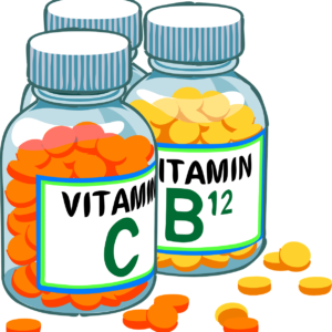 Illustration of assorted vitamins and supplement capsules displayed in a simple layout.
