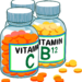 Illustration of assorted vitamins and supplement capsules displayed in a simple layout.