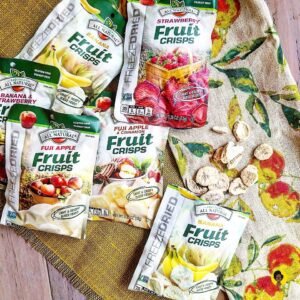Packaging for Brothers All Natural Freeze Dried Fruit Crisps showing a variety of fruit snack flavors made with 100% real fruit.