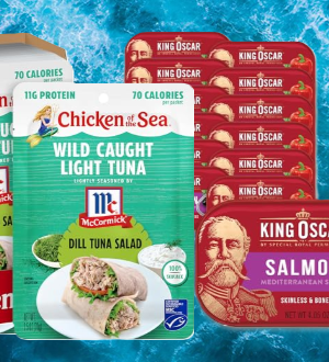 Assorted canned and packaged seafood products including tuna, salmon, sardines, oysters, and mackerel from multiple seafood brands