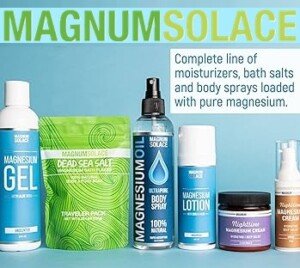 Promotional graphic featuring Magnum Solace magnesium wellness products, including lotions, sprays, oils, and bath flakes.