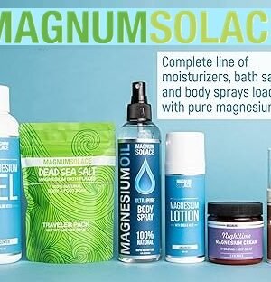 Promotional graphic featuring Magnum Solace magnesium wellness products, including lotions, sprays, oils, and bath flakes.