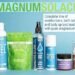Promotional graphic featuring Magnum Solace magnesium wellness products, including lotions, sprays, oils, and bath flakes.