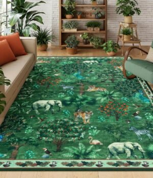 A styled image showing a washable indoor outdoor rug in a living space with natural lighting, highlighting texture, pattern, and practical home use