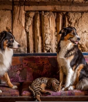 Pet cleaning and odor control products arranged neatly with a dog and cat nearby, styled with soft blue sky tones, light clouds, and subtle cherry blossom accents for a clean spring home aesthetic.