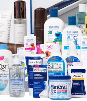Beauty and personal care products including body lotion, skincare, mascara, lip balm, hair brushes, and hair color.