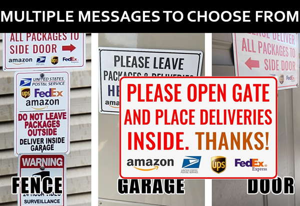 A clear delivery instruction sign positioned at a home entryway with a soft blue sky-inspired background, light cloud textures, and delicate cherry blossom accents creating a clean and welcoming spring scene.