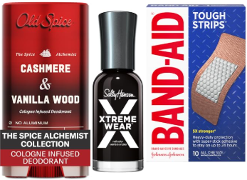 A collection of beauty and self care products arranged neatly, styled with soft blue sky tones, light clouds, and subtle cherry blossom accents for a bright spring aesthetic.