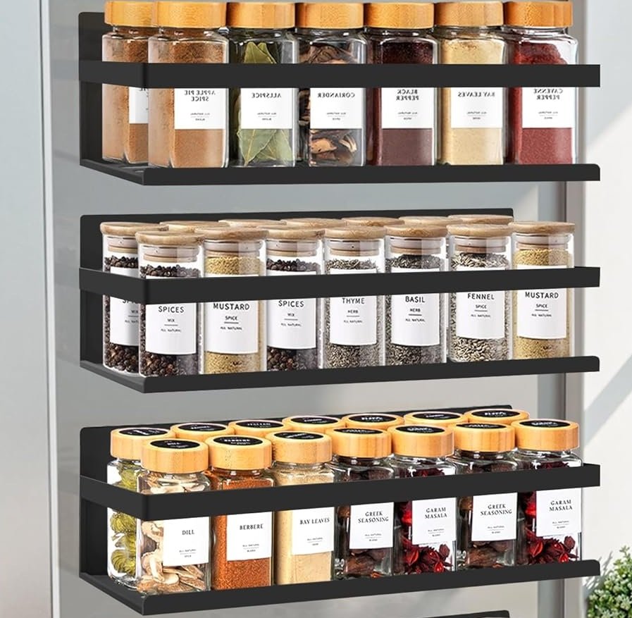 magnetic spice rack attached to refrigerator with neatly organized spices
