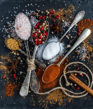 An arrangement of spices and kitchen tools on a surface with a soft blue sky-inspired background, light cloud textures, and subtle cherry blossom accents creating an airy and serene spring kitchen look.