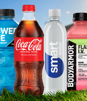 Powerade, Coca-Cola, smartwater, and BODYARMOR beverages displayed together.