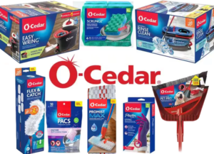 O-Cedar cleaning products including spin mops, microfiber mop systems, replacement mop heads, dusting refills, and a pet hair broom.